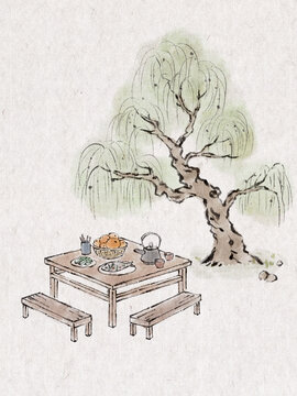 水墨風桌椅與樹插畫元素