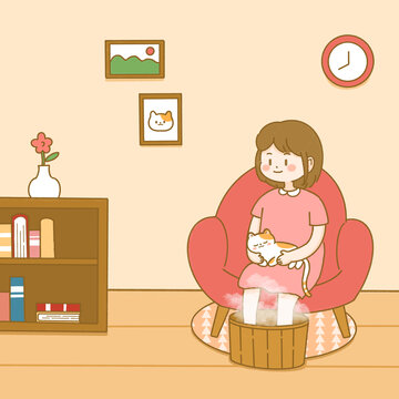 泡腳的女孩插畫