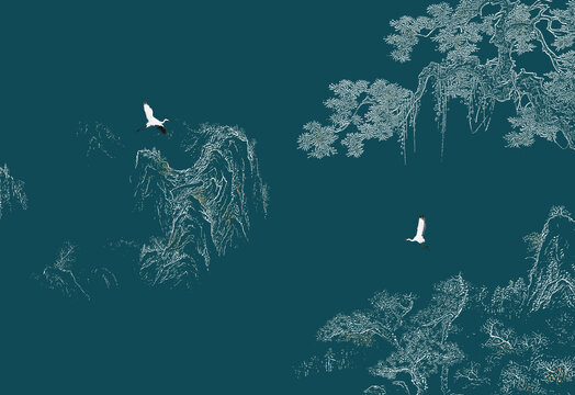 中式線描松鶴圖手繪松鶴延年壁畫