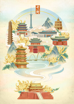 開封地標(biāo)建筑插畫旅游景點(diǎn)海報(bào)