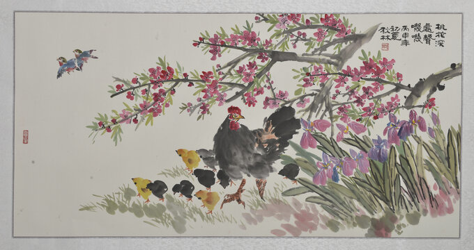 桃花公雞燕子手繪水墨畫(huà)