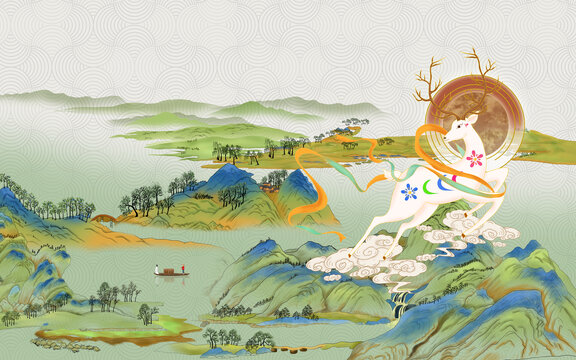 國潮梅花鹿山水