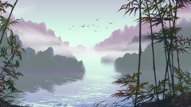 中國(guó)風(fēng)手繪山水插畫(huà)