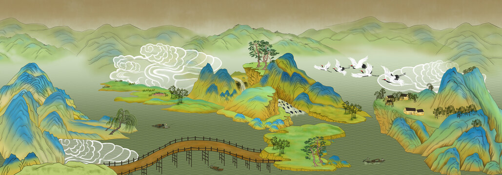國潮山水電視背景墻