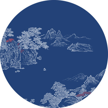 中式圓形山水線描山水松鶴圖