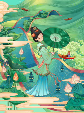 城市印象插畫杭州旅游夏季人物