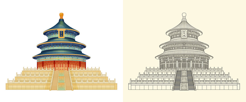 北京古建筑天壇祈年殿線描素材