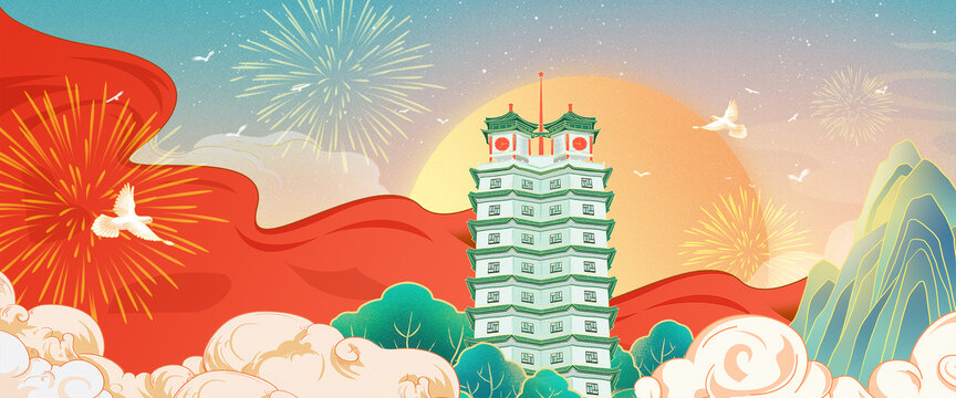 二七塔手繪國(guó)潮風(fēng)鄭州地標(biāo)