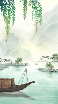 漁船柳樹(shù)水墨山水村小船流水人家