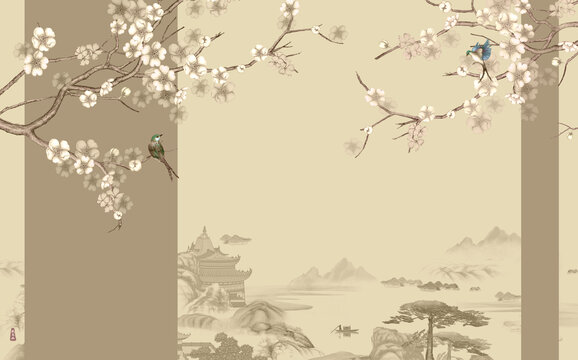 新中式花鳥(niǎo)山水背景墻