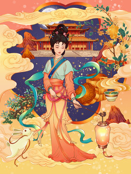 中秋節(jié)插畫(huà)古風(fēng)建筑仕女人物