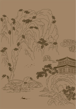 線描山水矢量插畫