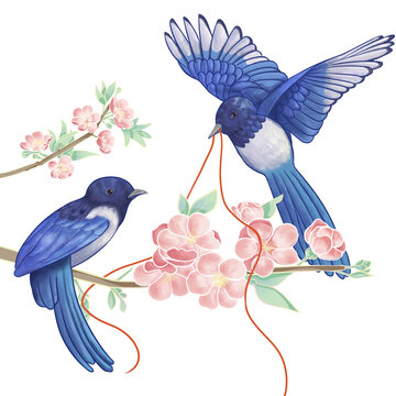 七夕喜鵲桃花古風(fēng)插畫