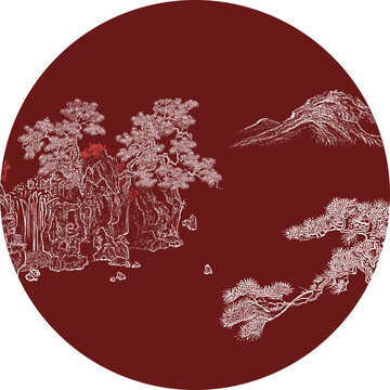 工筆圓形國畫山水線描畫