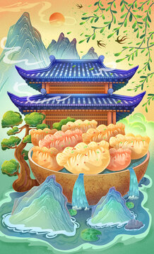 秋分餃子建筑節(jié)氣插畫