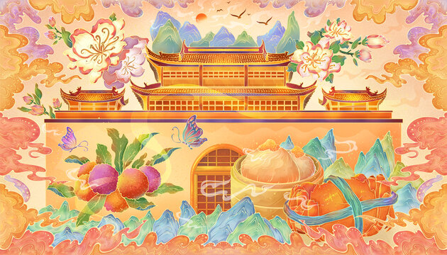 南京印象城市地標(biāo)風(fēng)景插畫
