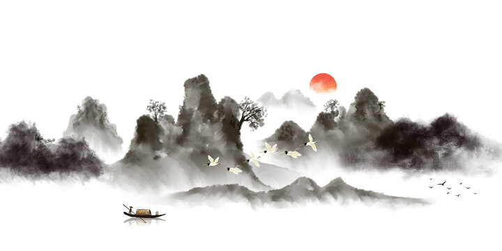 山水云霧仙鶴水墨畫