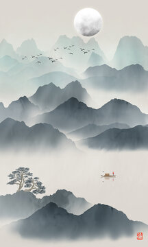 藍(lán)色豎幅山水