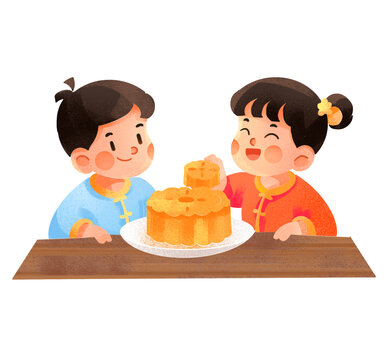 中秋吃月餅插畫