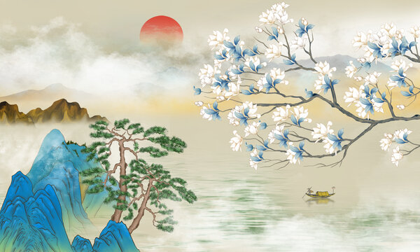 玉蘭花山水插畫(huà)