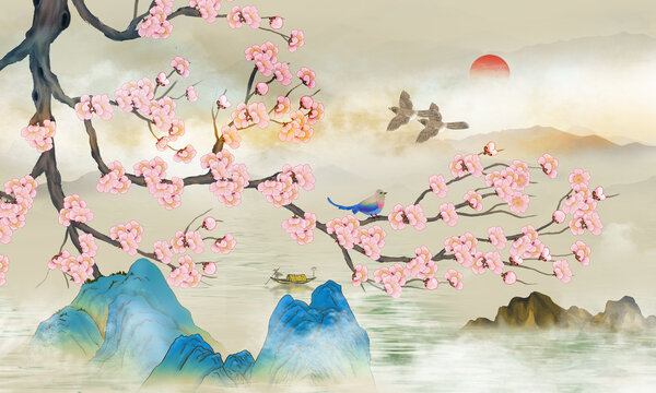 新中式梅花山水圖