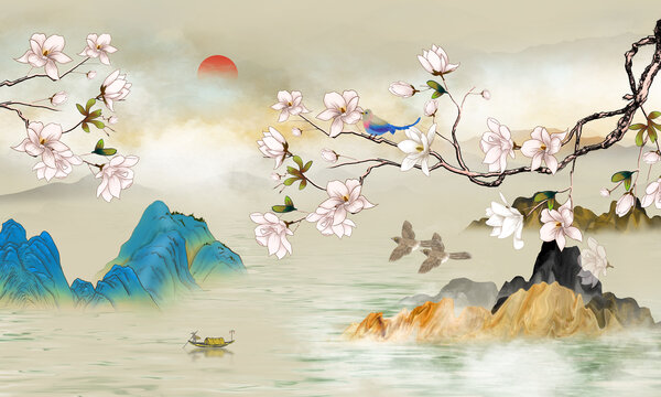 玉蘭花國潮山水畫