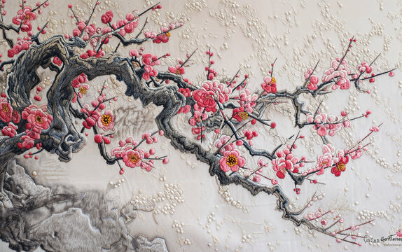 紅色刺繡梅花背景墻