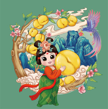 黃金蟠桃插畫手繪