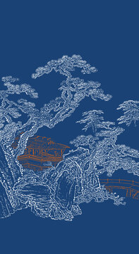 寫意線描山水古建筑山水畫
