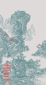 新中式禪意山水線(xiàn)描古建筑框畫(huà)