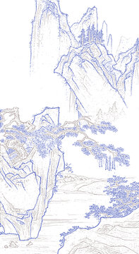 中式手繪線描古建筑山水畫