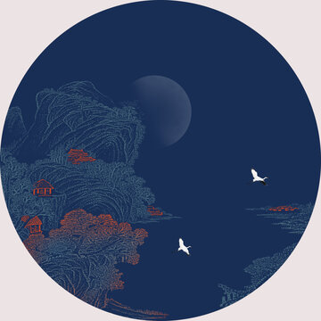 工筆山水線描古建筑圓形墻畫