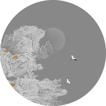 新中式禪意園形山水線描裝飾畫(huà)