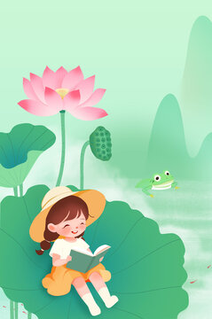 荷花下看書的小女孩