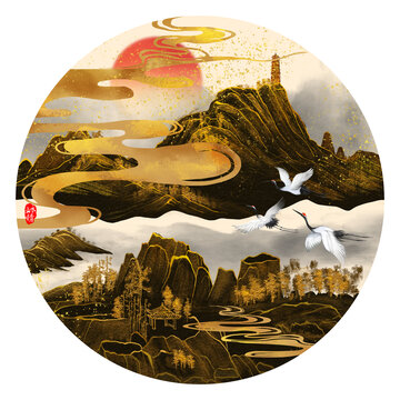 新中式金箔古風(fēng)山水畫
