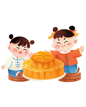 中秋吃月餅插畫