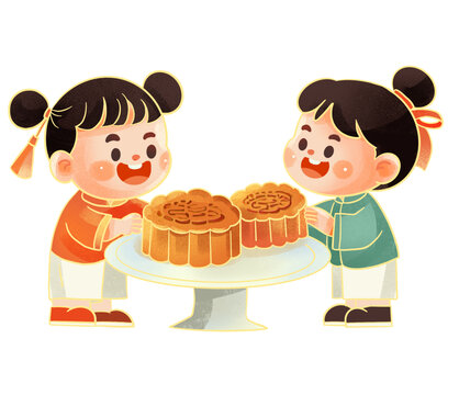 中秋吃月餅插畫