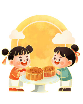 中秋吃月餅插畫