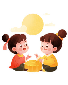 中秋吃月餅插畫(huà)