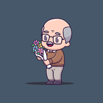 可愛(ài)鮮花老爺爺Q版卡通插畫(huà)