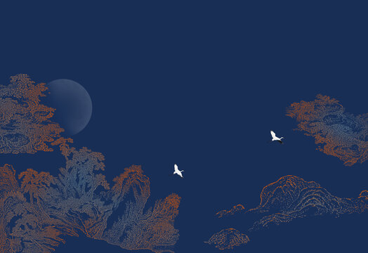工筆線描古建筑山水墻畫圖
