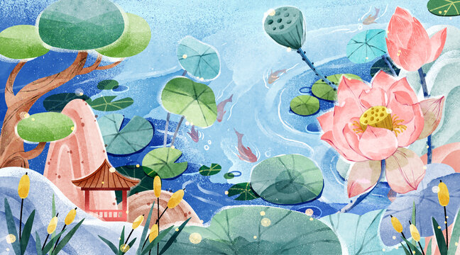 夏天大暑河塘概念插畫