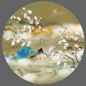 簡約玉蘭花山水畫