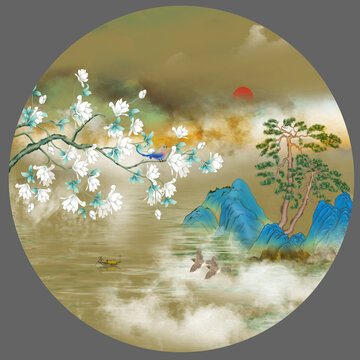 新中式玉蘭花插畫