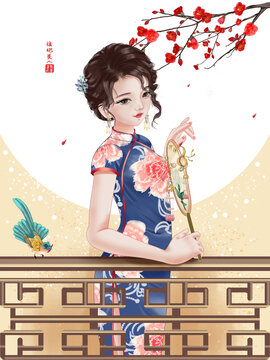 旗袍美人插畫