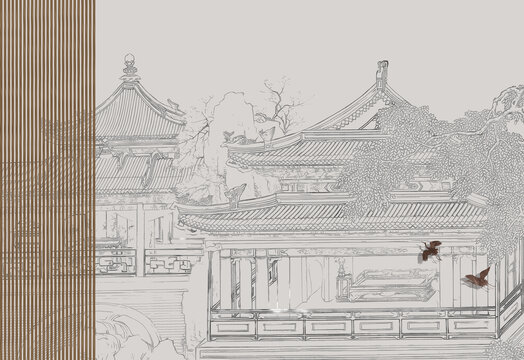 花格建筑亭臺(tái)樓閣背景墻