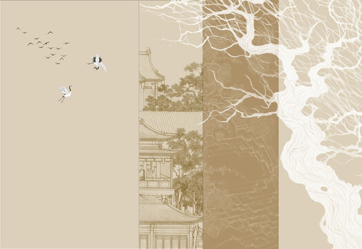 樹(shù)枝新中式閣樓建筑背景