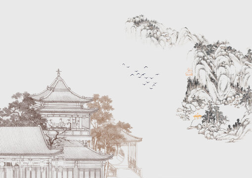 亭臺(tái)樓閣山水新中式背景墻