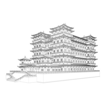 中式閣樓建筑線稿圖畫