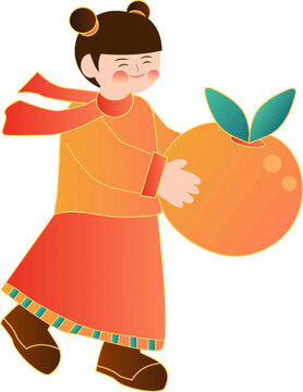 抱著橙子的女孩心想柿橙插畫
